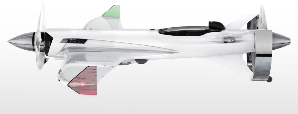 Double propeller electric aerobatic race plane designed by Django Temme, futuristic aircraft