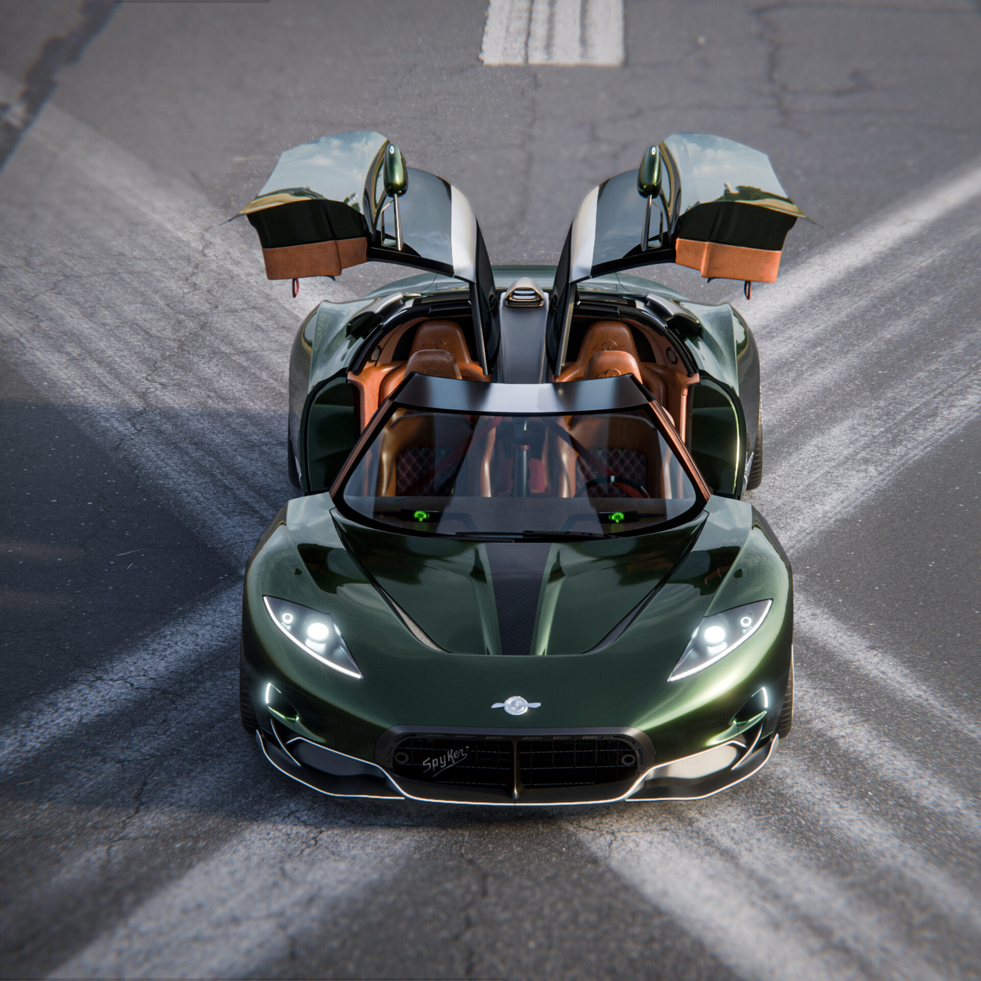 Spyker E8 Invictor front view with doors open, thesis project by Django temme