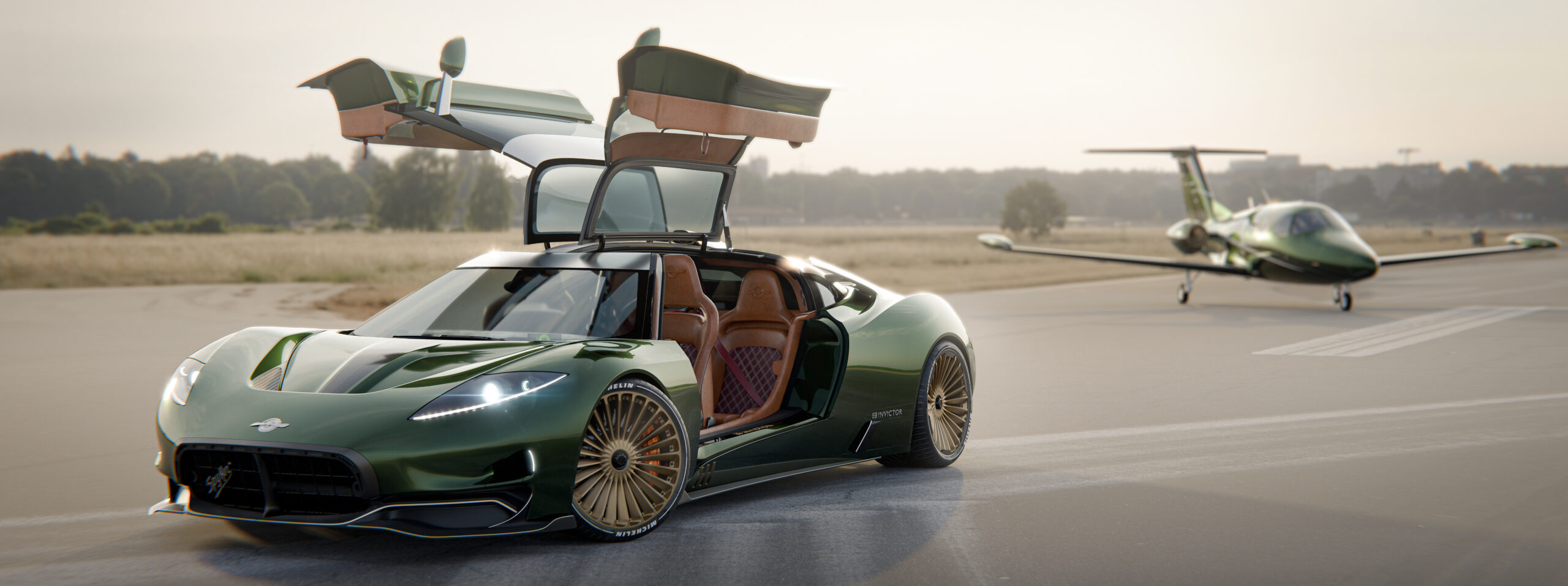 Spyker E8 Invictor front view with doors open, thesis project by Django temme